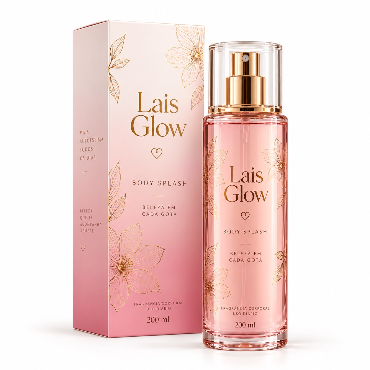 Body Splash Lais Glow 200 ml com caixa rosa e frasco de perfume